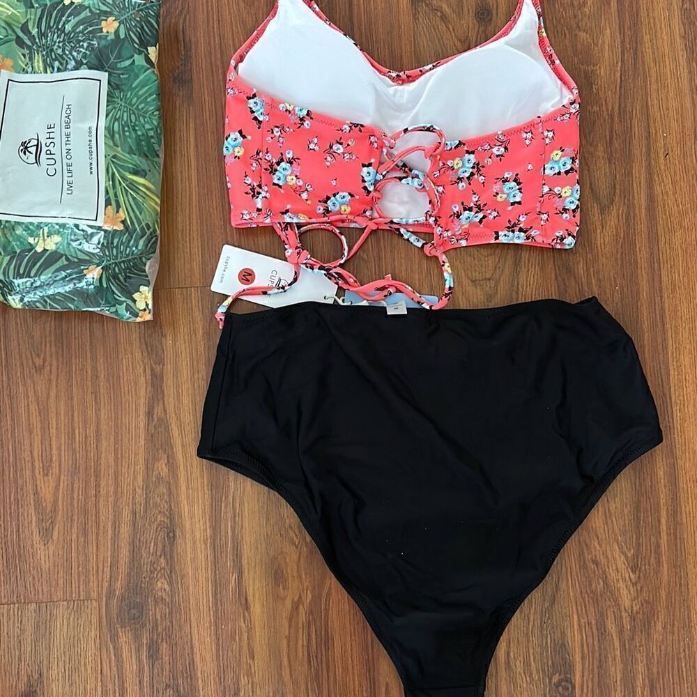 NWT Cupshe tankini swimwear set black pink peach size M - Picture 4 of 4